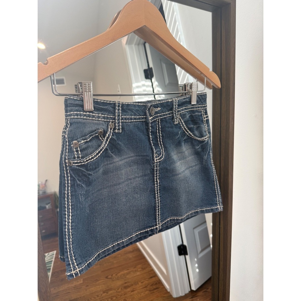 Uproar Girls Blue Thick Stitch Denim Mini Skirt Dark Wash Size 10 Y2K Low Rise